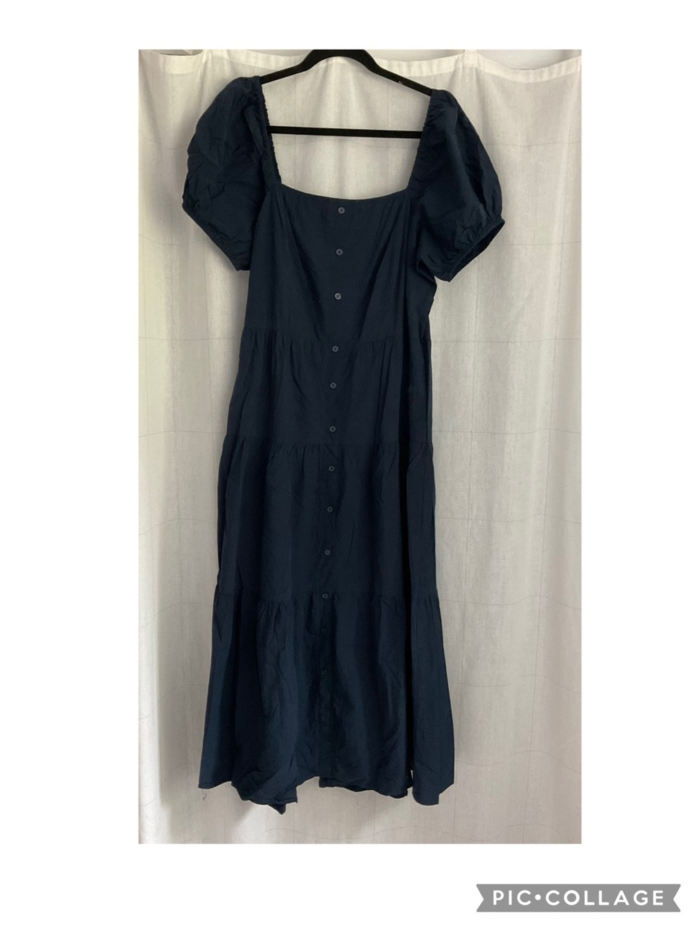 🌷 Navy Puff Sleeve Button-Front Maxi Dress